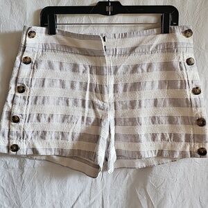 LOFT Cream & Gray Striped High-Rise Side-Button Shorts
